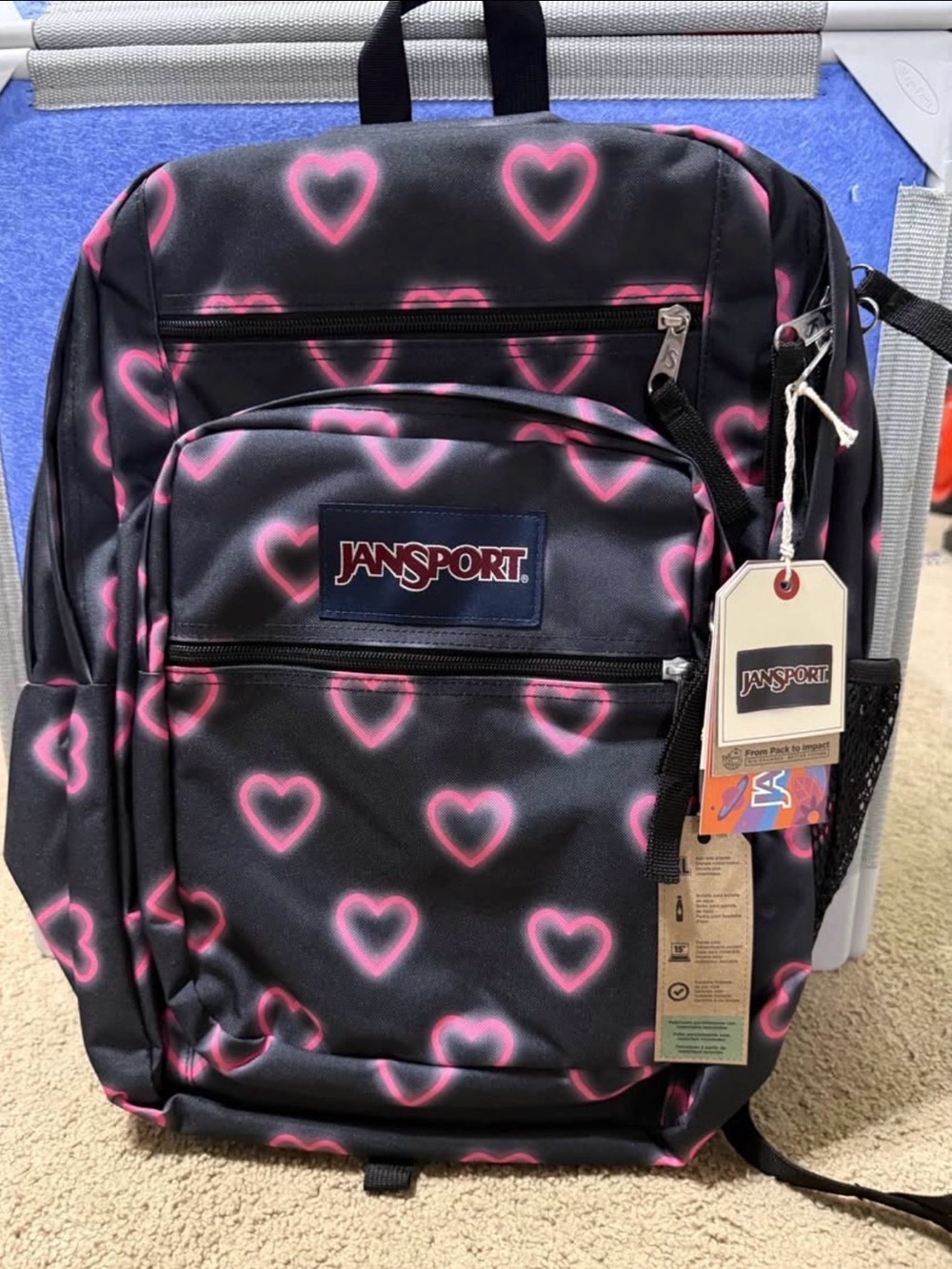 Jansport Black Backpack with Pink Heart Pattern - Picture 2 of 3